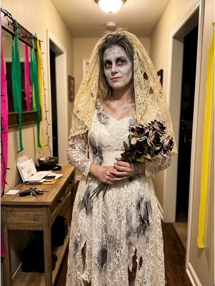 Ghost Bride. Distress a secondhand white dress with gray shading, torn lace, an aged veil, pale makeup, and wilted artificial flowers for an eerie vintage costume. Iconic halloween