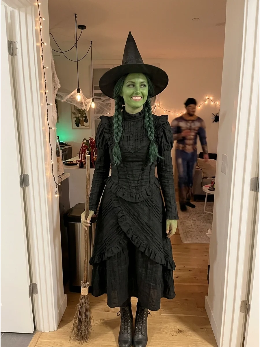 Elphaba From Wicked. Create Elphaba’s dramatic look with a structured black dress, pointed witch hat, dark boots, green face makeup, and a long braided hairstyle. Iconic halloween