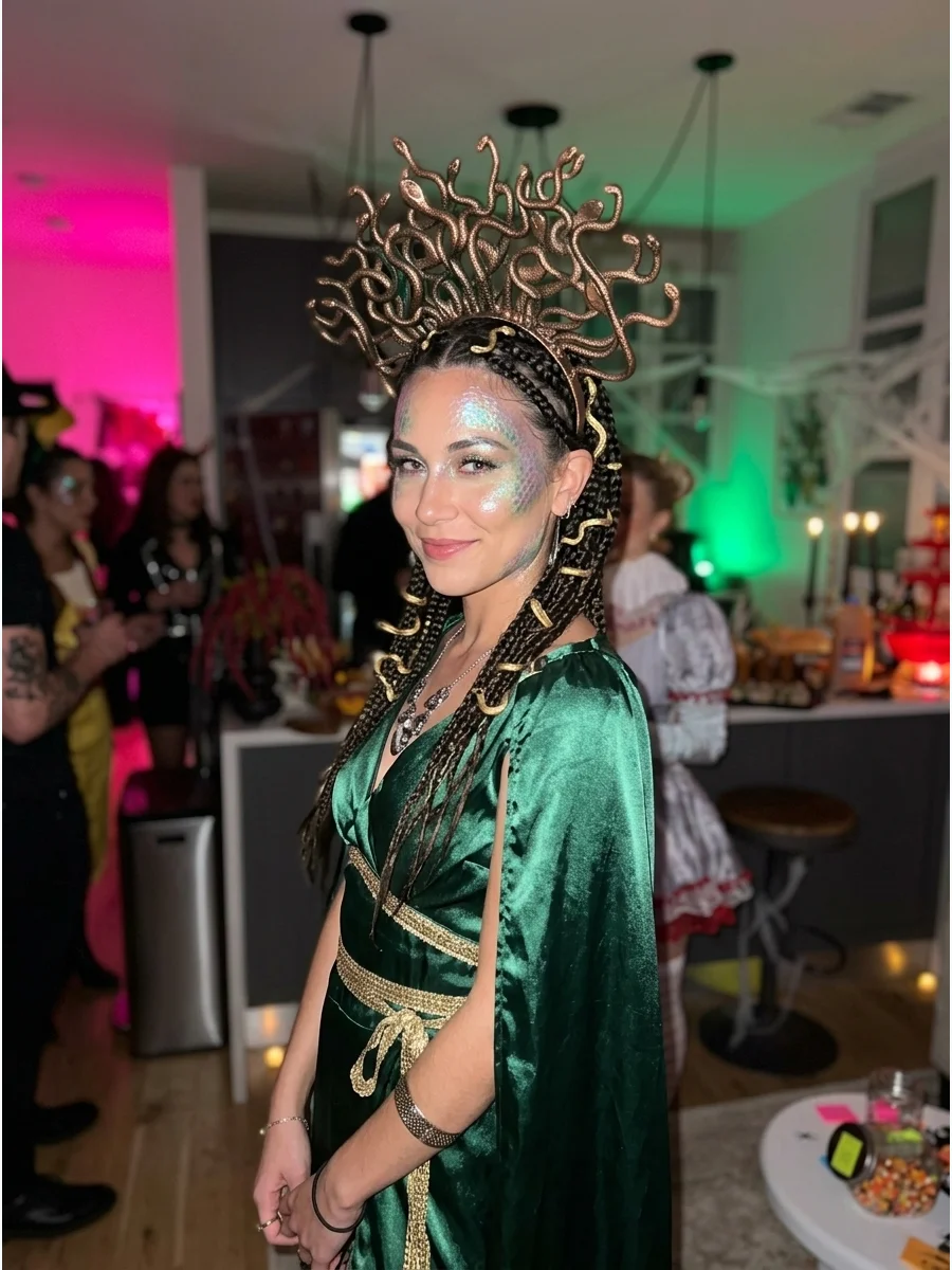 Medusa. Transform into Medusa with a flowing green or gold dress, metallic jewelry, sculpted snake headband, braided hair, and shimmering scale-inspired makeup. Iconic halloween co