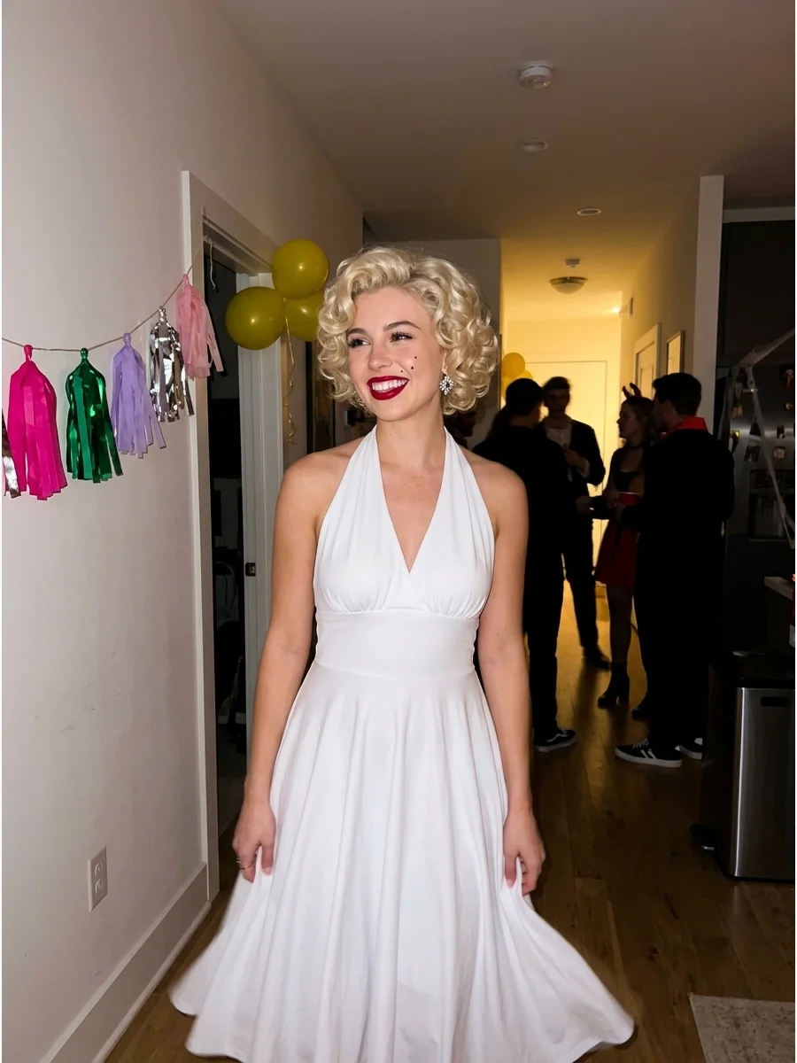 Marilyn Monroe. Wear a flowing white halter dress, short blonde curls, red lipstick, beauty-mark makeup, and sparkling earrings to recreate Marilyn’s most famous look. Iconic hallo