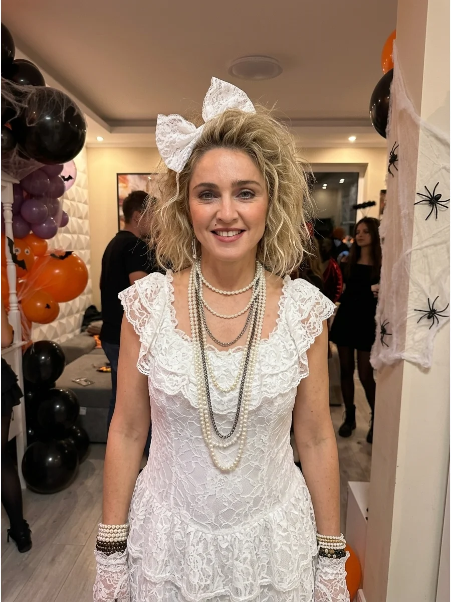 Madonna. Channel classic Madonna with a white lace dress, layered necklaces, lace gloves, oversized hair bow, stacked bracelets, and teased blonde hair. Iconic halloween costumes w