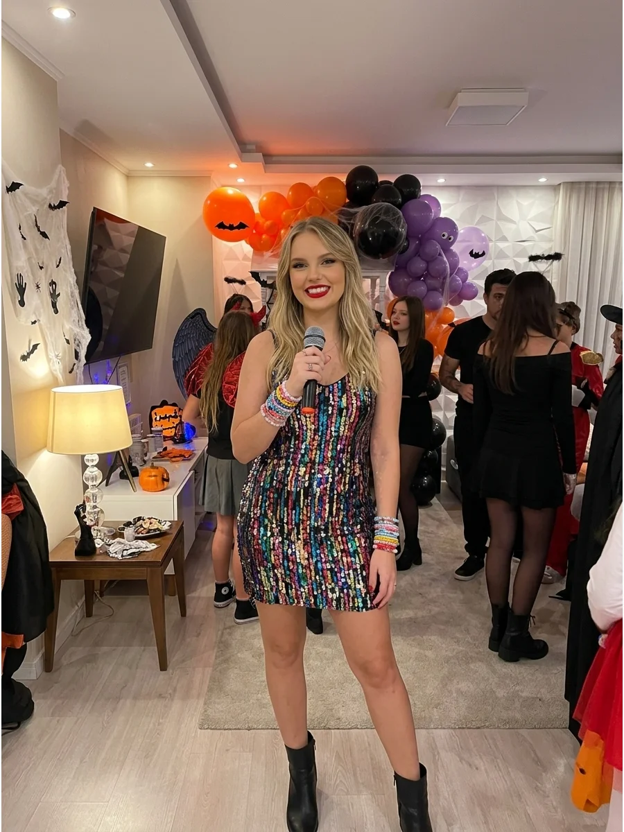 Taylor Swift. Choose a sequined stage-inspired dress, ankle boots, friendship bracelets, red lipstick, and a toy microphone for an easy Taylor Swift costume. Iconic halloween costu