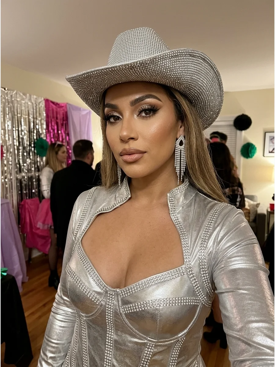 Beyoncé Renaissance Look. Wear a silver metallic outfit with rhinestone details, a sparkling cowboy hat, statement earrings, reflective boots, and glamorous makeup. Iconic hallowee