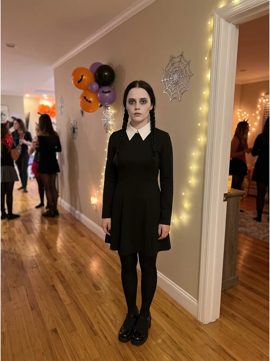 Wednesday Addams. A black dress with a crisp white collar, black tights, platform shoes, pale makeup, and two neat braids create one of the most recognizable Halloween costumes for