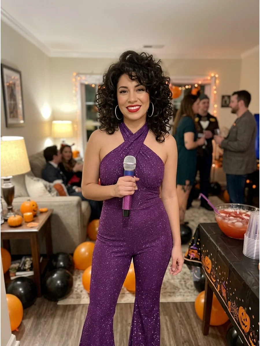 Selena Quintanilla. Recreate Selena’s iconic stage look with a sparkling purple jumpsuit, silver earrings, red lipstick, voluminous dark hair, and a coordinating microphone. Iconic