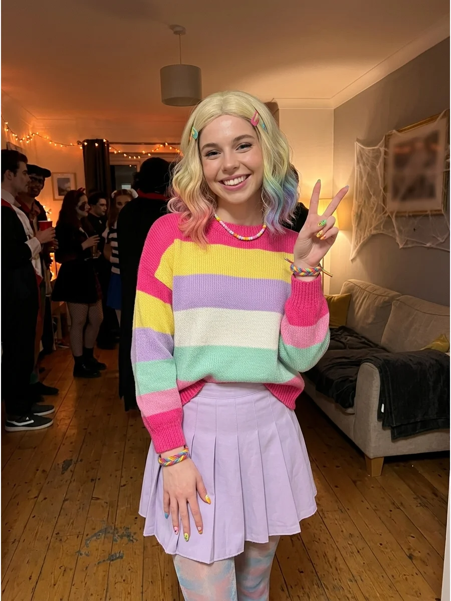 Enid Sinclair. Contrast Wednesday’s dark style by dressing as colorful Enid in a bright striped sweater, pastel skirt, rainbow accessories, blonde wig, and playful manicure. Iconic