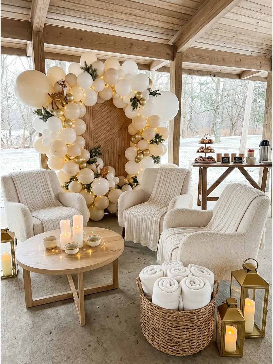 A cozy baby shower lounge area with cream chairs and gold lanterns.