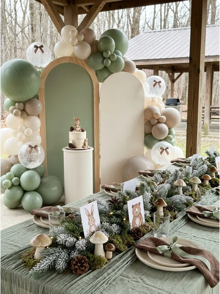 A long banquet table with a sage green runner and frosted pine branches.