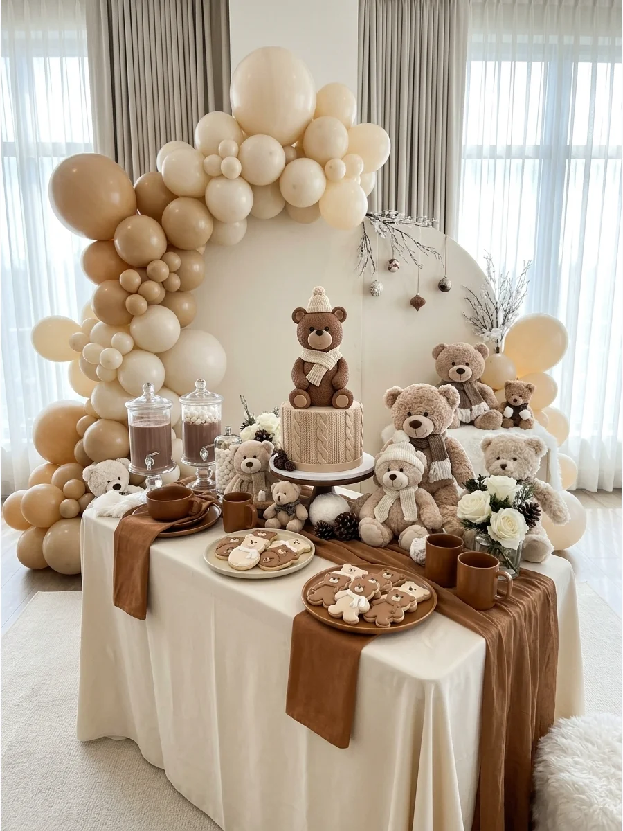 A dessert table with a bear-themed cake and cream balloon clusters.