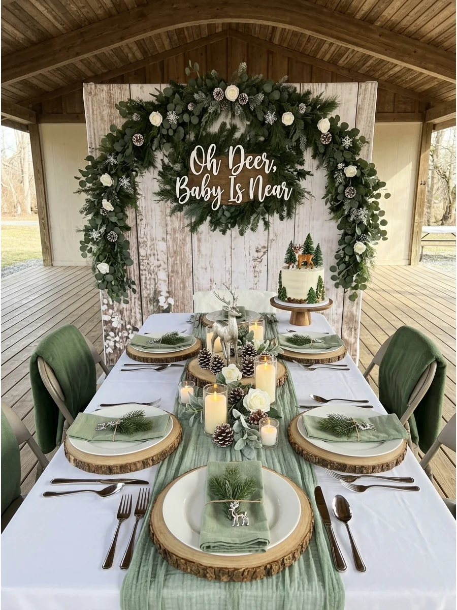 A white tablecloth with wood slice chargers and small silver deer.