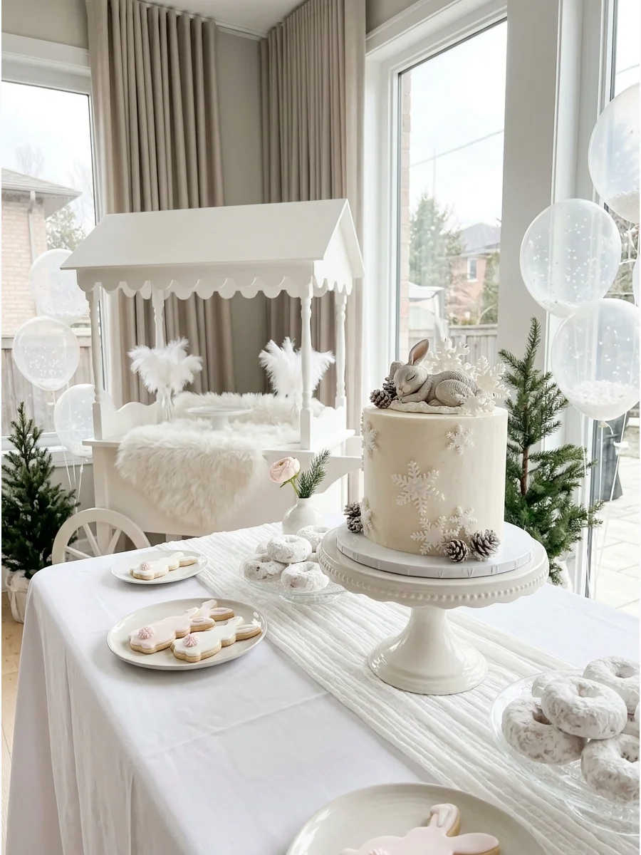 A white dessert table with a rabbit cake and white donut holes.