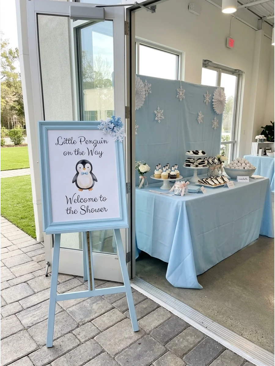 A table with icy blue decor and penguin-themed treats and signs.