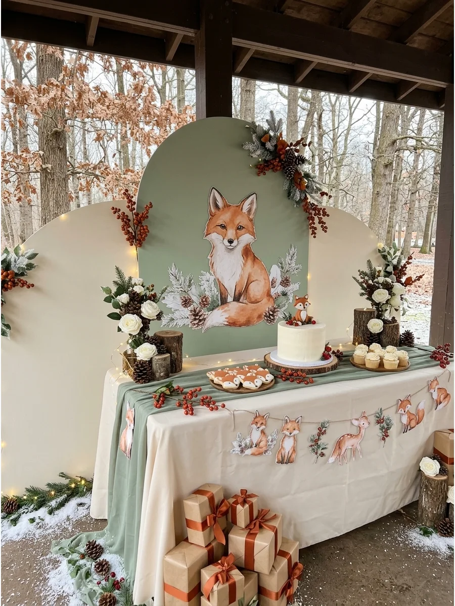 A table runner with fox art and vases of red berries.