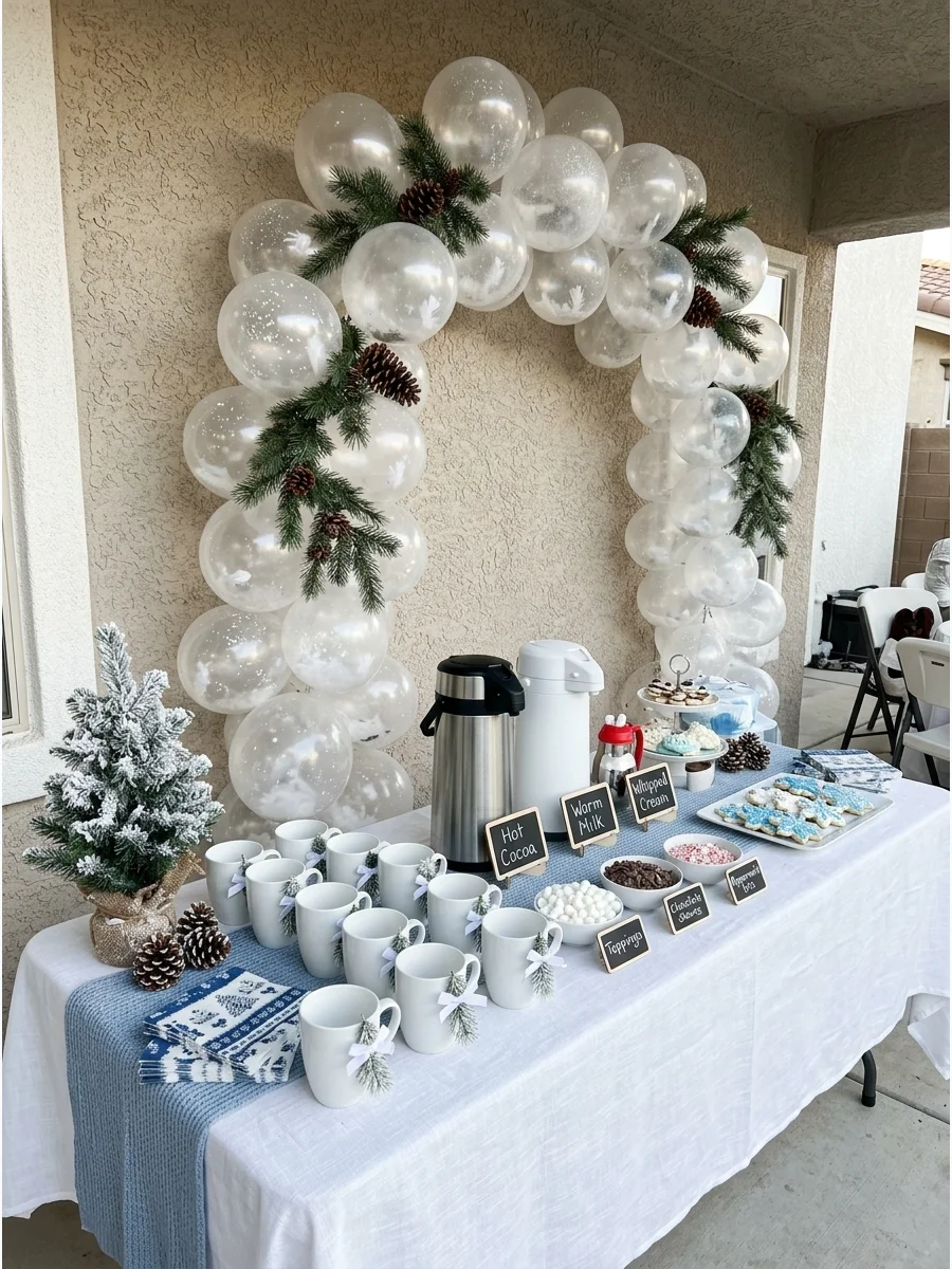 A hot chocolate station at a baby shower with white mugs and evergreen decor.