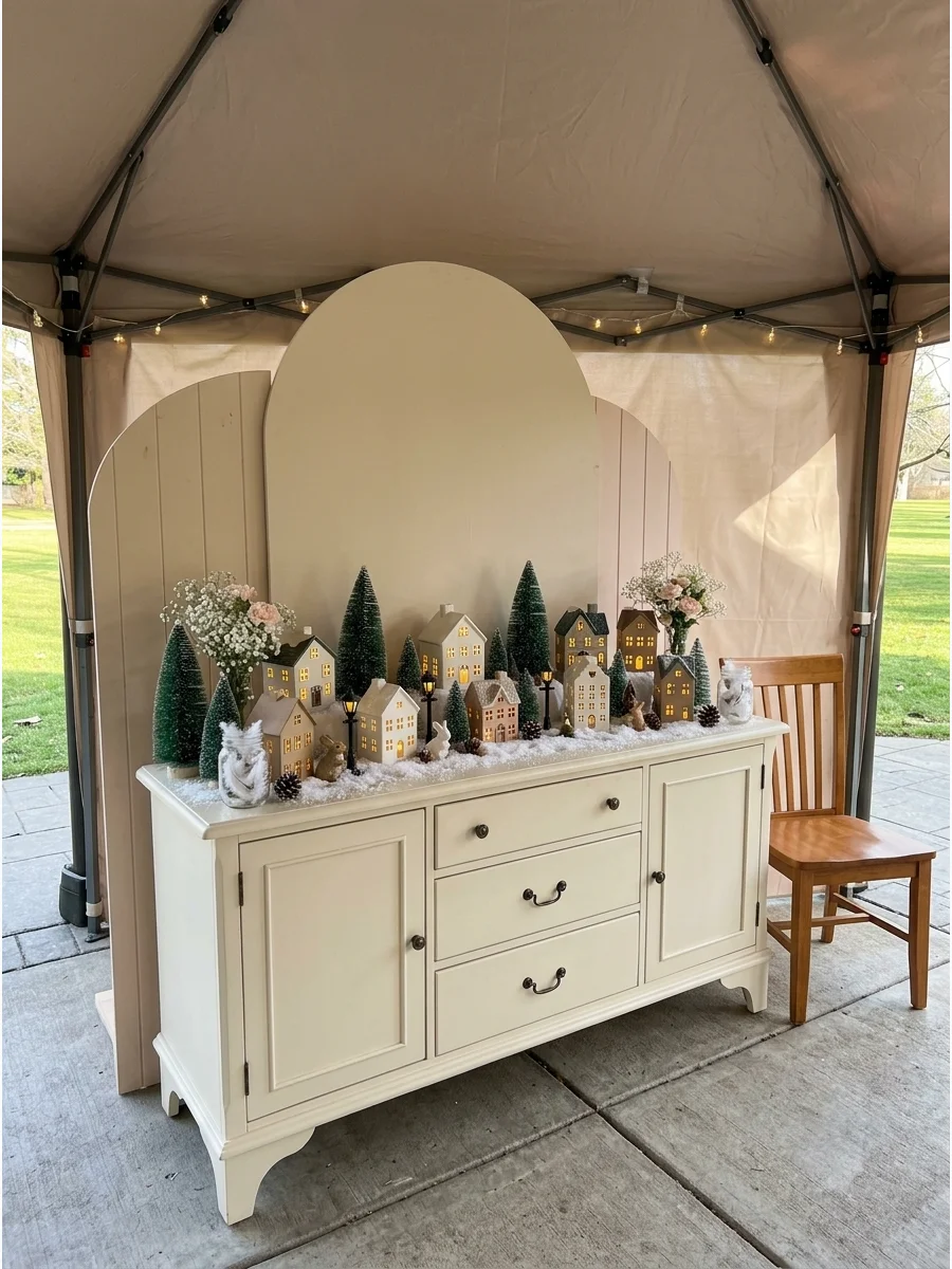 A sideboard with a miniature white village and bottle-brush trees.