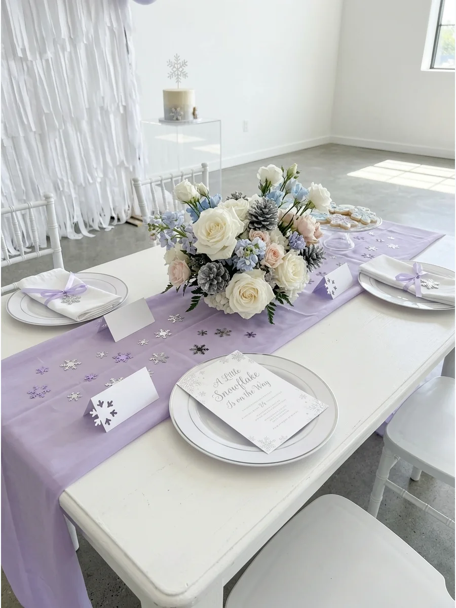A winter baby shower table setting with snowflake confetti and white flowers.