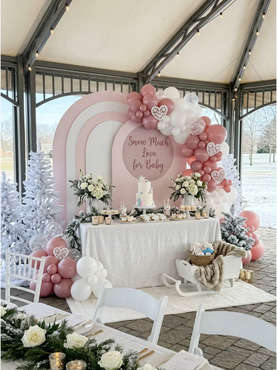 A dusty rose and white balloon arch with a sign saying Snow Much Love.