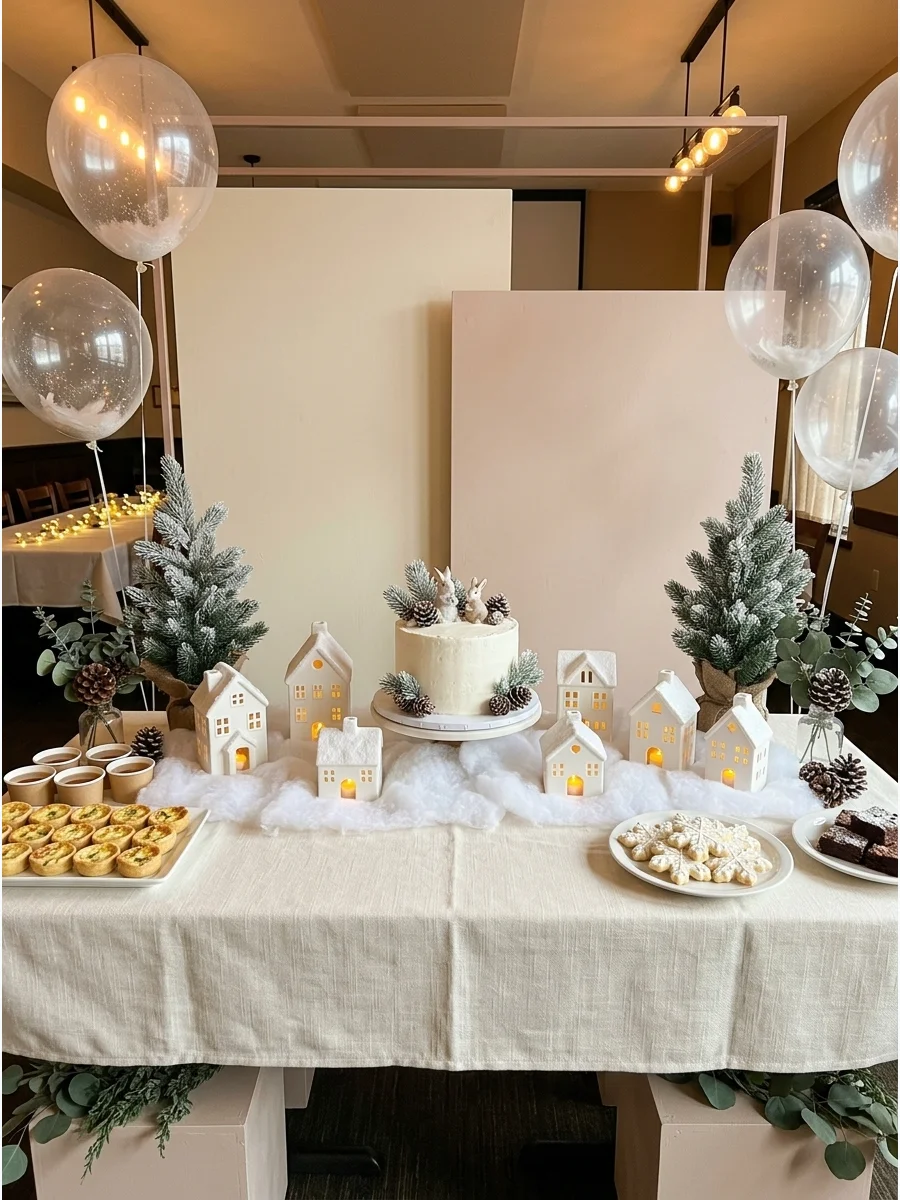 A winter village display on a dessert table with white ceramic houses.