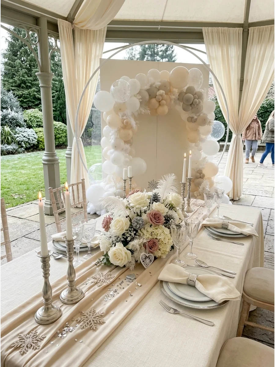 A sophisticated white and champagne baby shower table setting.
