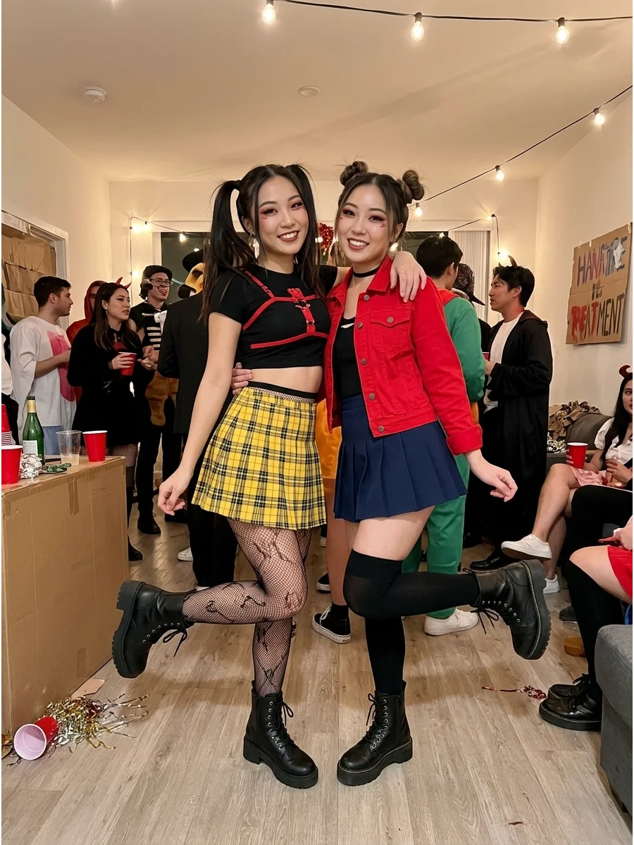 Rumi and Mira from KPop Demon Hunters. Recreate the bold performance outfits worn by Rumi and Mira with colorful clothing, statement boots, styled hair, and coordinated makeup. Thi