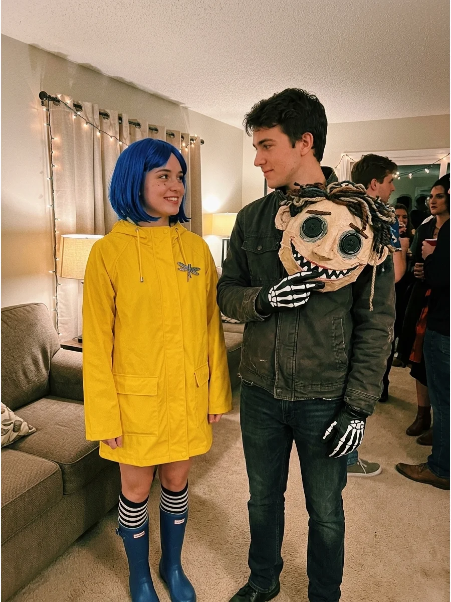 Coraline and Wybie. Coraline can wear a yellow raincoat, blue wig, and rain boots, while Wybie wears dark clothing, gloves, and a handmade character mask carried as an accessory. T