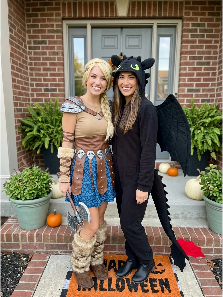 Astrid and Toothless. One friend can recreate Astrid’s Viking-inspired outfit while the other wears a comfortable black dragon costume with wings and ears. It is an unexpected best