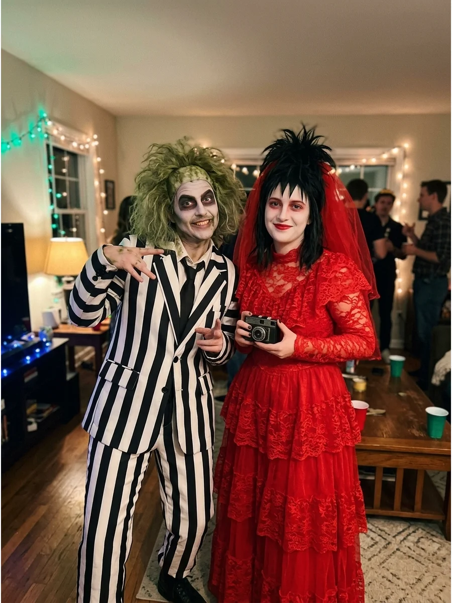 Beetlejuice and Lydia. One friend can wear a black-and-white striped suit while the other chooses Lydia’s dramatic red or black outfit. Pale makeup and exaggerated hairstyles can m