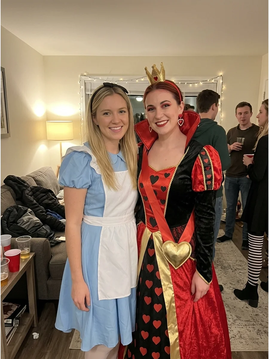 Alice and the Queen of Hearts. Alice can wear a light-blue dress with a white apron while the Queen of Hearts wears red, black, and heart-shaped accessories. This costume is a grea