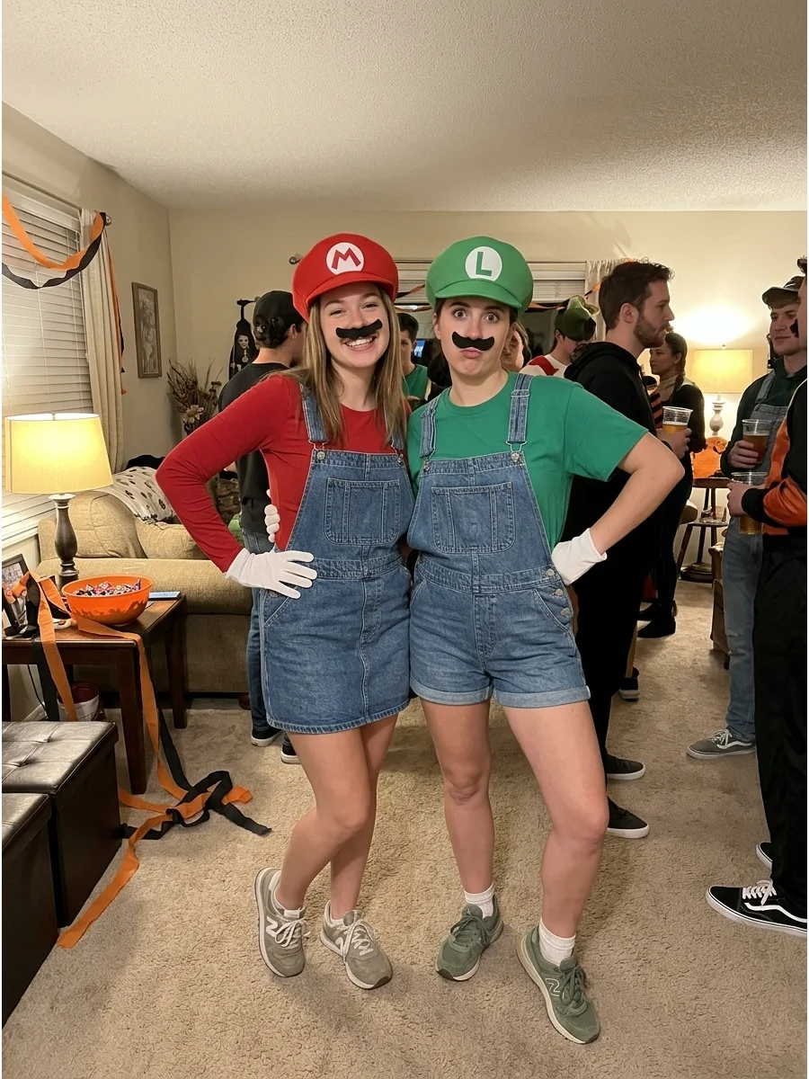 Mario and Luigi. Wear matching overalls, colorful shirts, white gloves, hats, and fake mustaches. The costumes are easy to coordinate and can be adapted with skirts, shorts, dresse