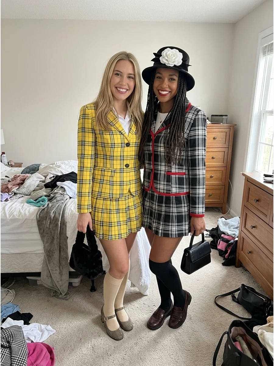 Cher and Dionne from Clueless. Recreate the famous preppy aesthetic with coordinated plaid skirts, fitted jackets, knee-high socks, and small handbags. Use yellow for Cher and blac