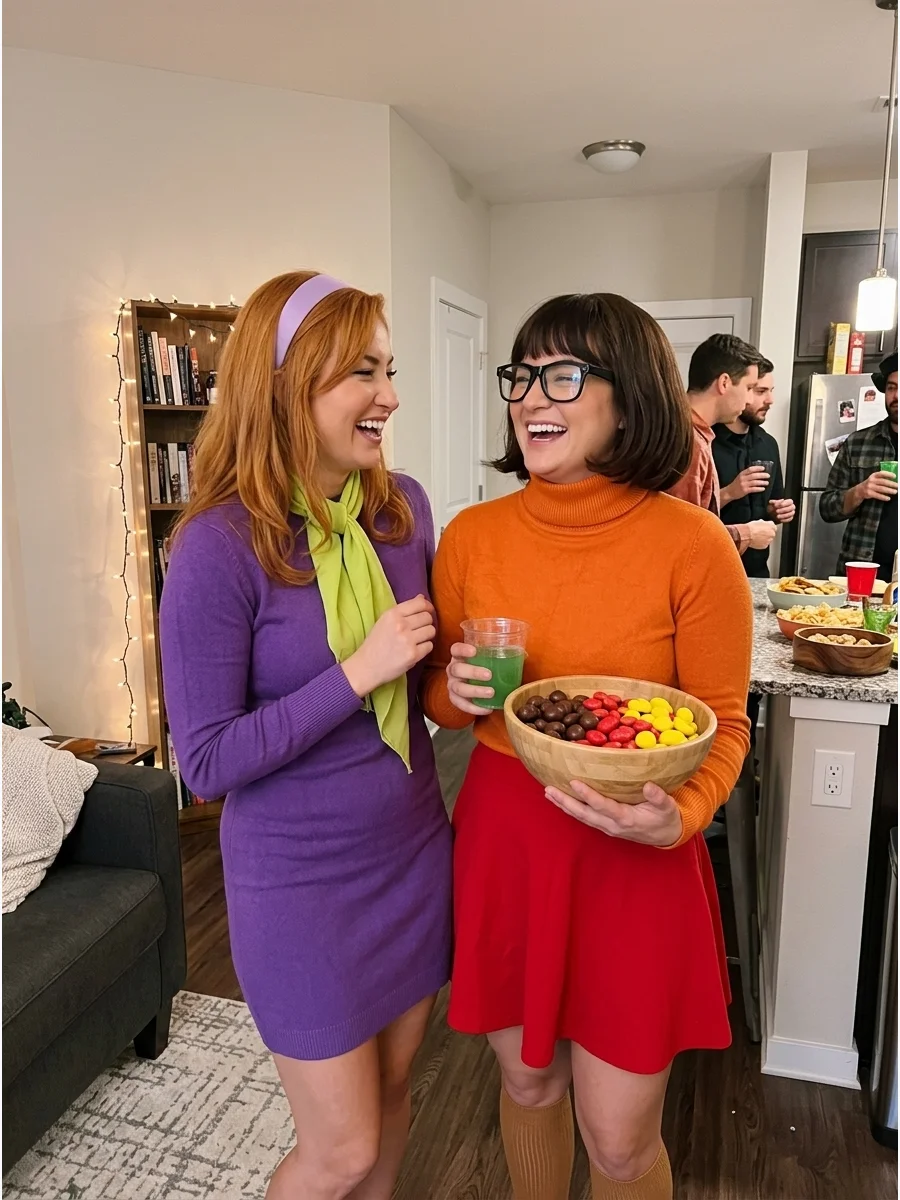 Daphne and Velma. Daphne can wear a purple dress, green scarf, and headband, while Velma wears an orange sweater, red skirt, glasses, and knee-high socks. This classic costume is c