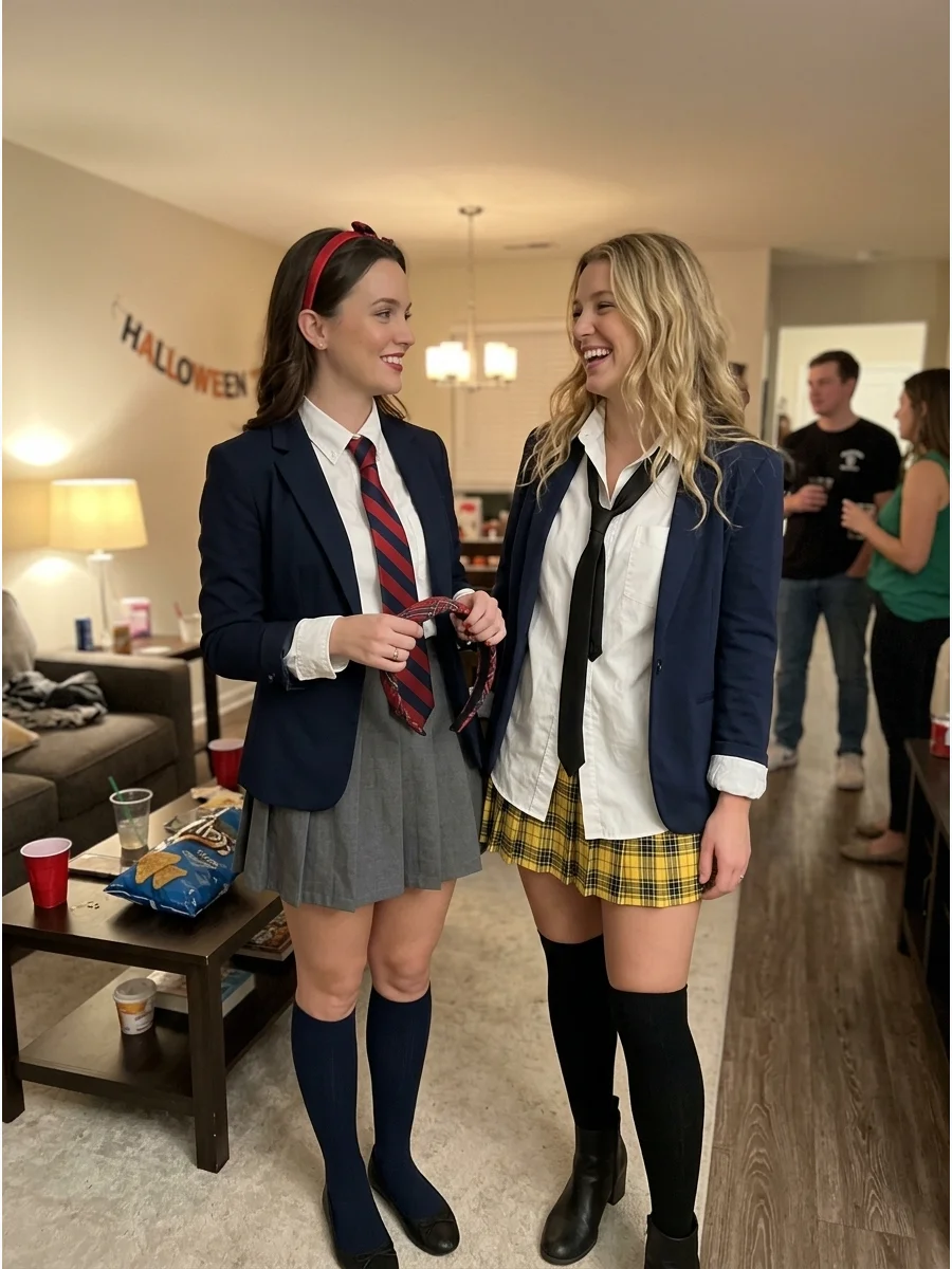 Blair and Serena from Gossip Girl. Create coordinated private-school outfits using pleated skirts, white shirts, ties, blazers, and knee-high socks. Add a headband for Blair and lo