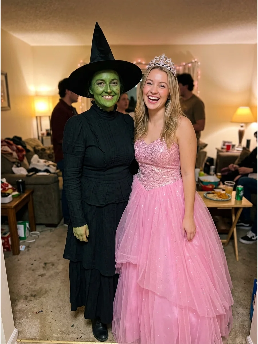 Elphaba and Glinda from Wicked. One friend can wear Elphaba’s dramatic black outfit and green makeup while the other chooses Glinda’s sparkling pink dress. The contrasting colors m