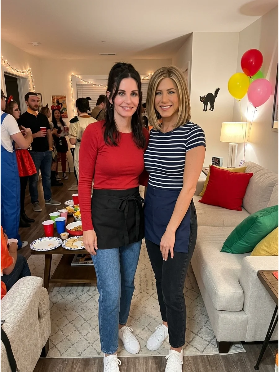 Monica and Rachel from Friends. Recreate recognizable 1990s outfits using high-waisted jeans, fitted tops, aprons, or coordinated coffee-shop uniforms. This is a comfortable option