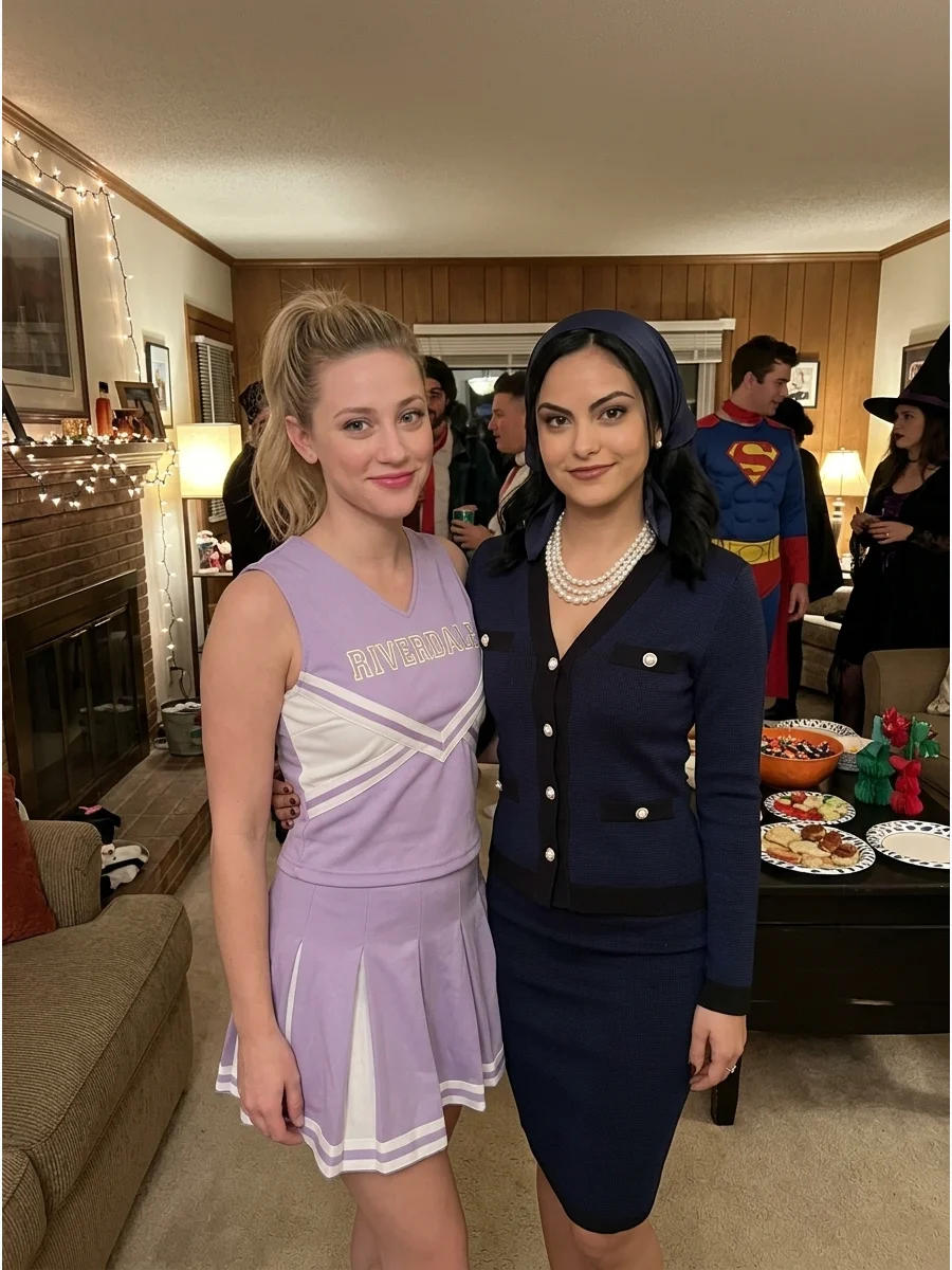 Betty and Veronica. Betty can wear soft pastels and a high ponytail, while Veronica chooses darker colors, pearl accessories, and polished makeup. The outfits work well for friends