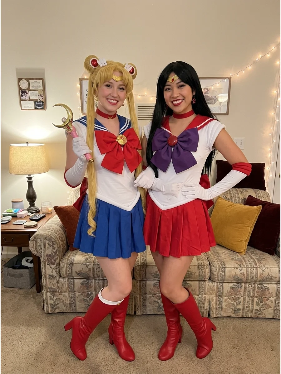 Sailor Moon and Sailor Mars. Wear sailor-style dresses with matching bows, gloves, boots, and character-inspired hairstyles. The shared costume shape creates a matching appearance