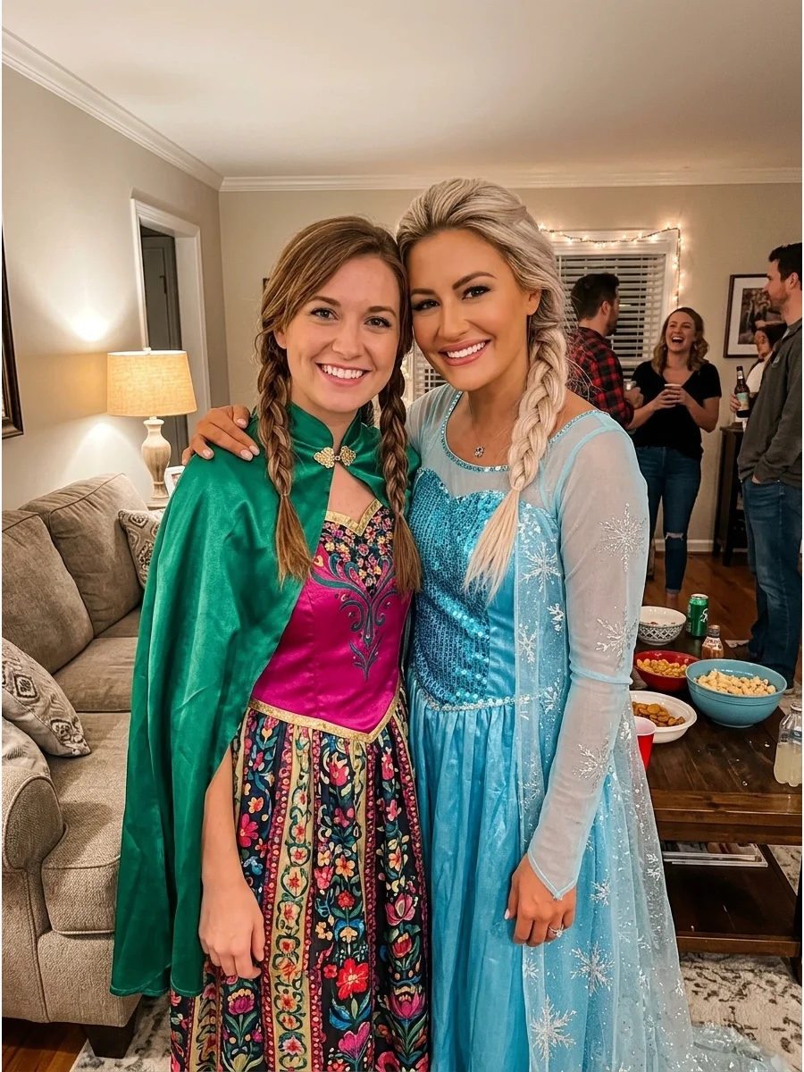 Anna and Elsa. Anna can wear a colorful dress with a cape and braided hair, while Elsa wears an icy blue gown with sparkling details. This is an elegant costume idea for best frien