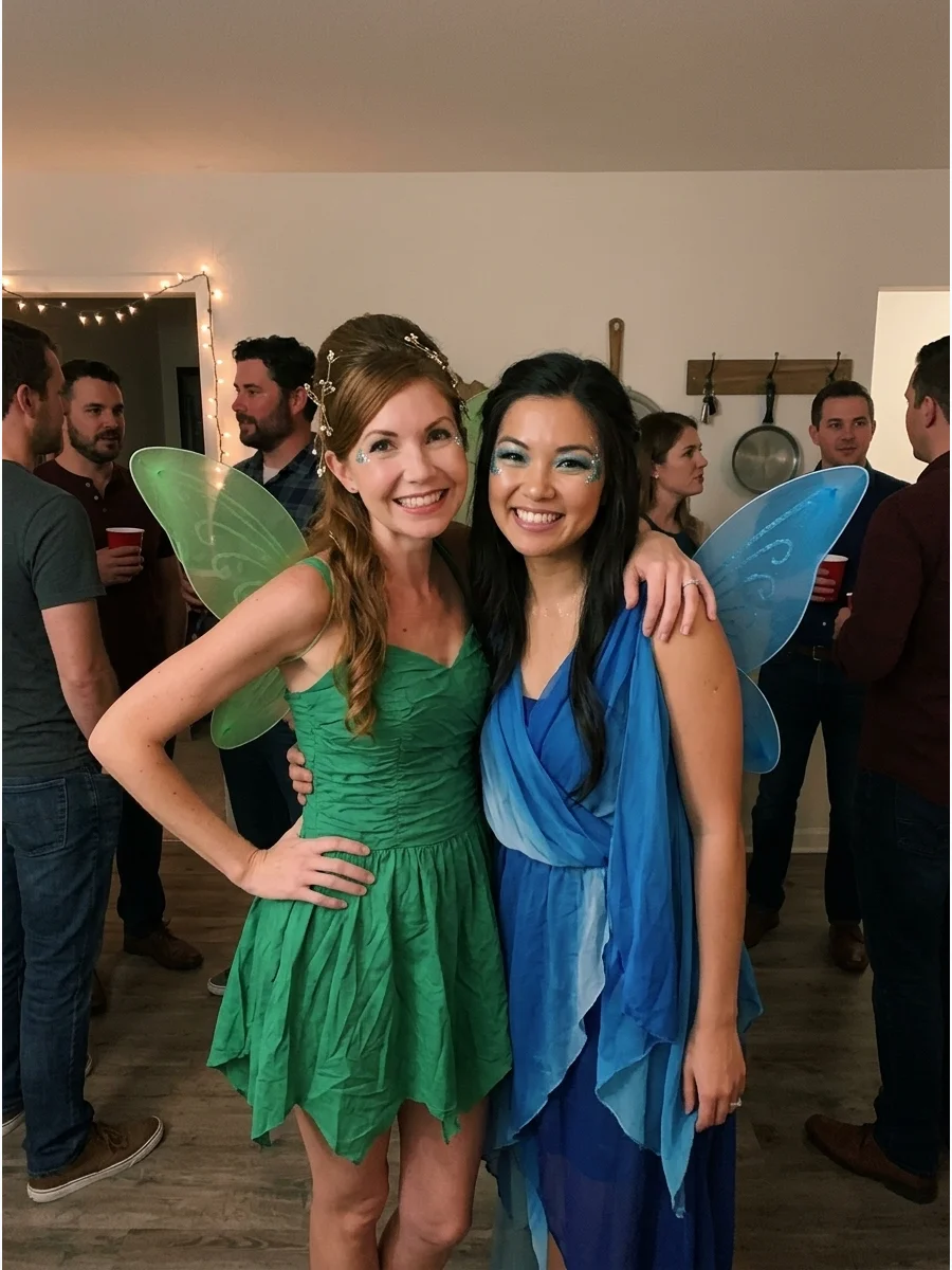 Tinker Bell and Silvermist. Tinker Bell can wear a short green fairy dress while Silvermist wears a flowing blue outfit. Add matching wings, glittery makeup, and delicate hair acce