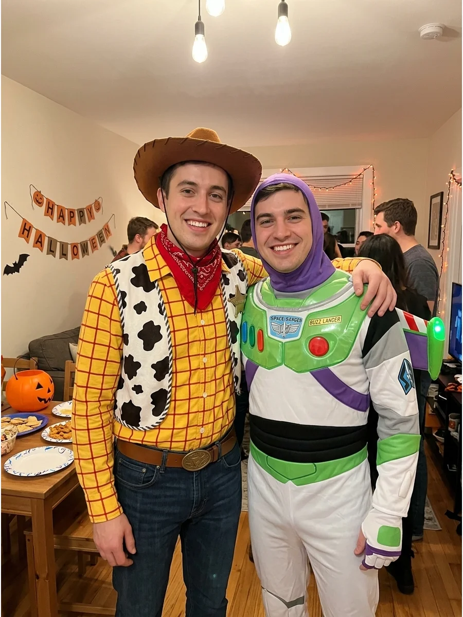 Woody and Buzz Lightyear. One friend can dress in a cowboy-inspired outfit while the other wears a white, green, and purple space-ranger look. The contrasting themes make the duo f