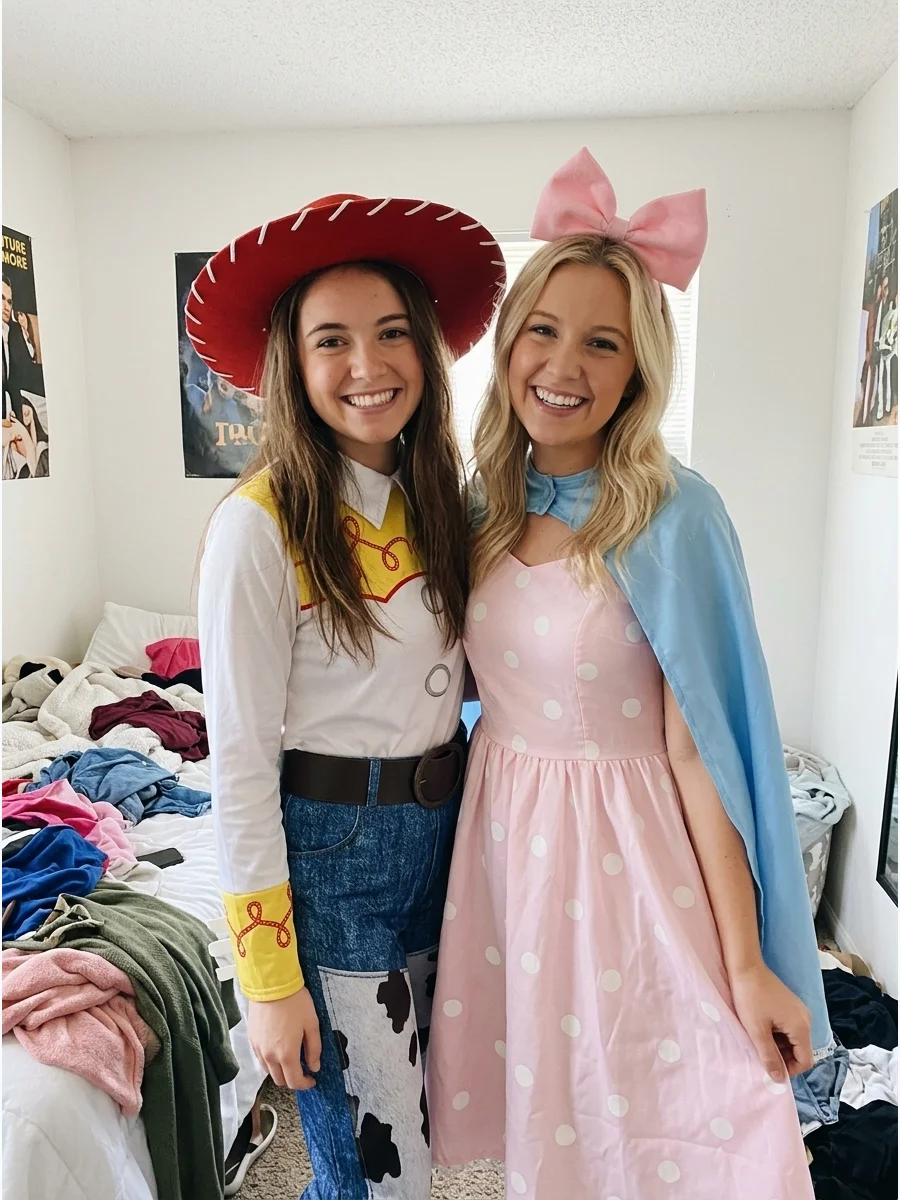 Jessie and Bo Peep. Pair Jessie’s cowgirl-inspired clothing with Bo Peep’s pastel dress, cape, and hair bow. This costume combines two different aesthetics while staying within the