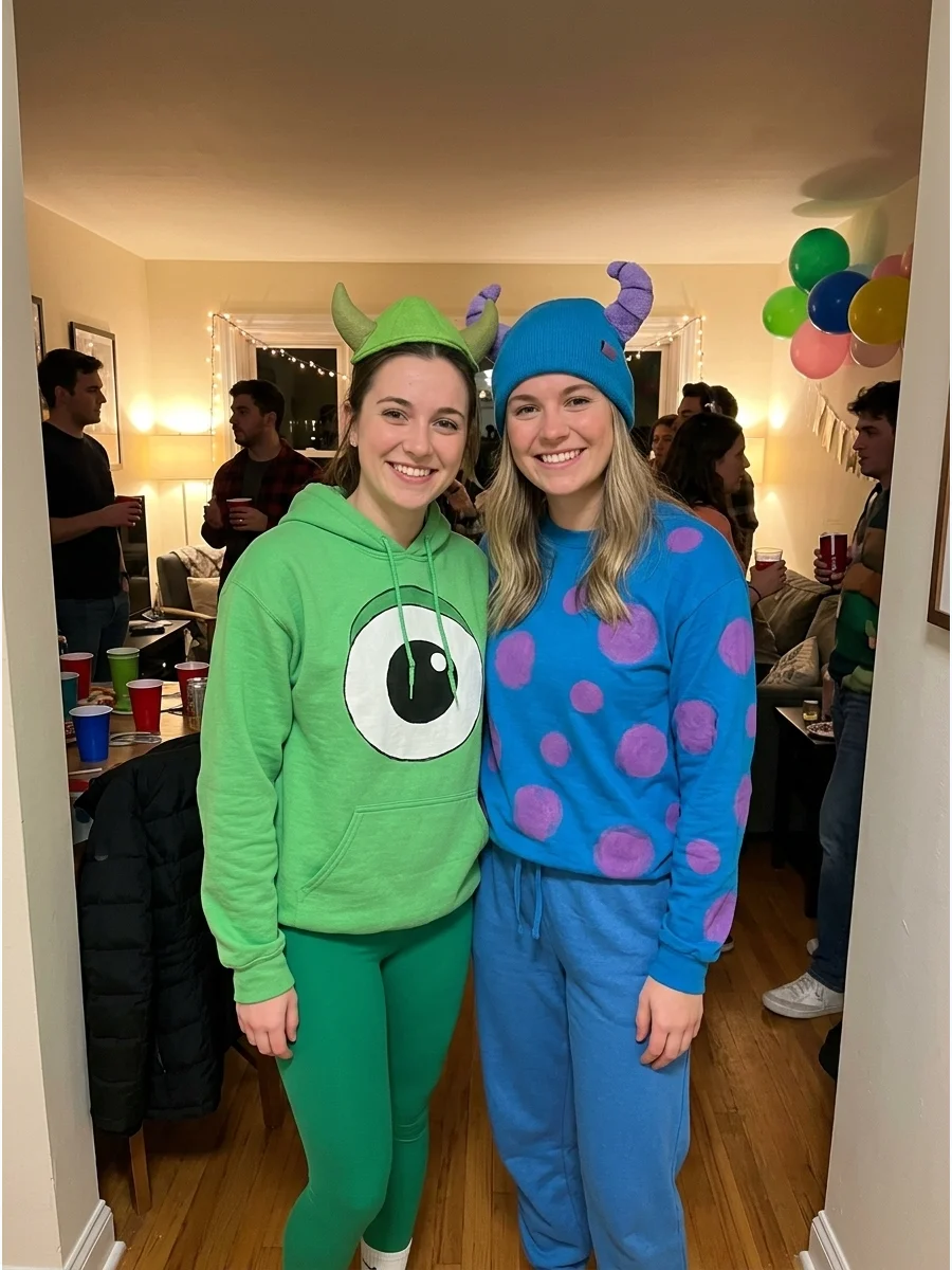 Mike and Sulley. One friend can wear a bright green outfit with a large eye design while the other wears blue clothing covered in purple spots. Character hats, hoodies, or simple h