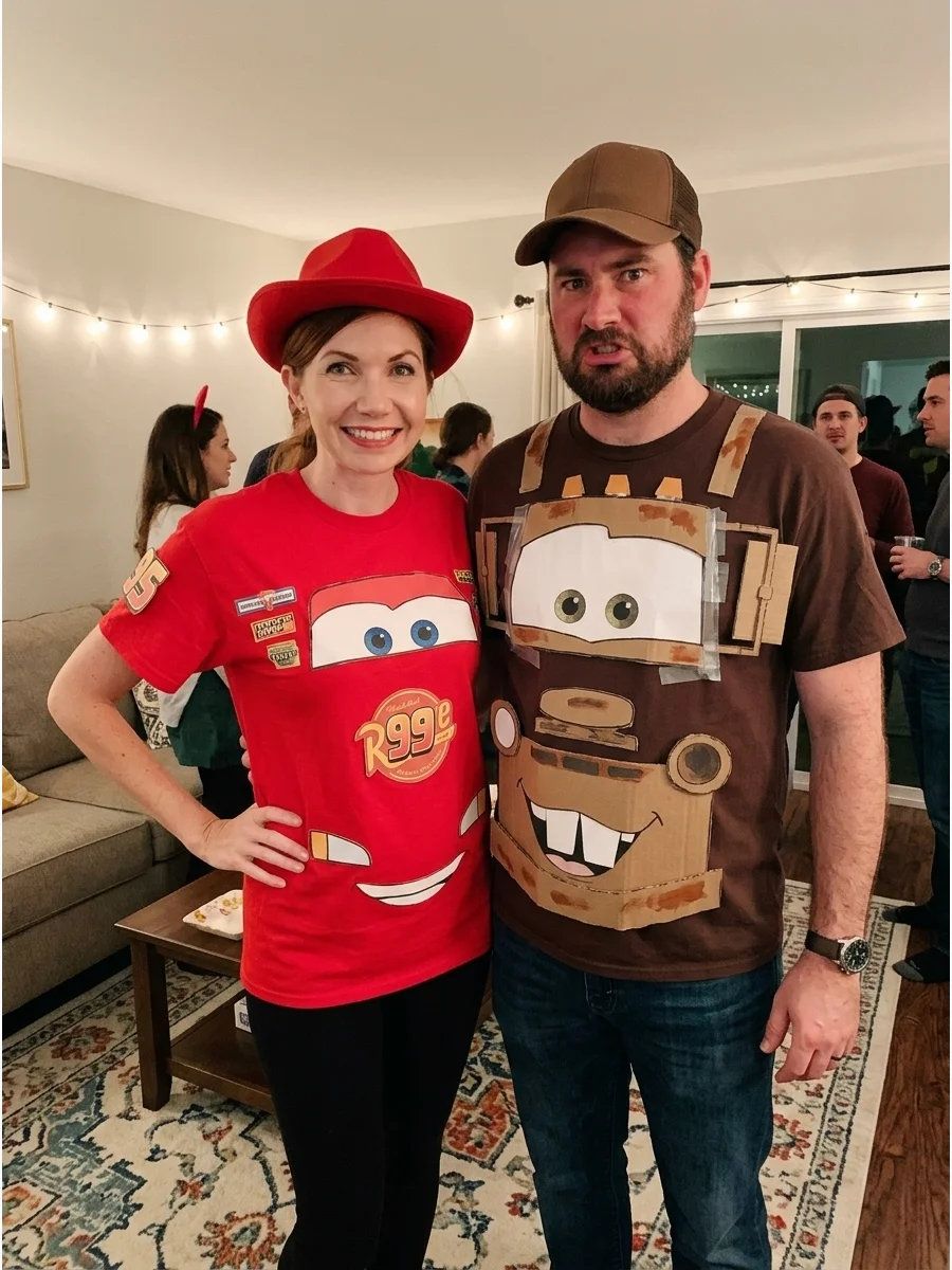 Lightning McQueen and Mater. Create vehicle-inspired costumes using red and brown shirts decorated with racing numbers, logos, headlights, and cardboard details. This funny pairing