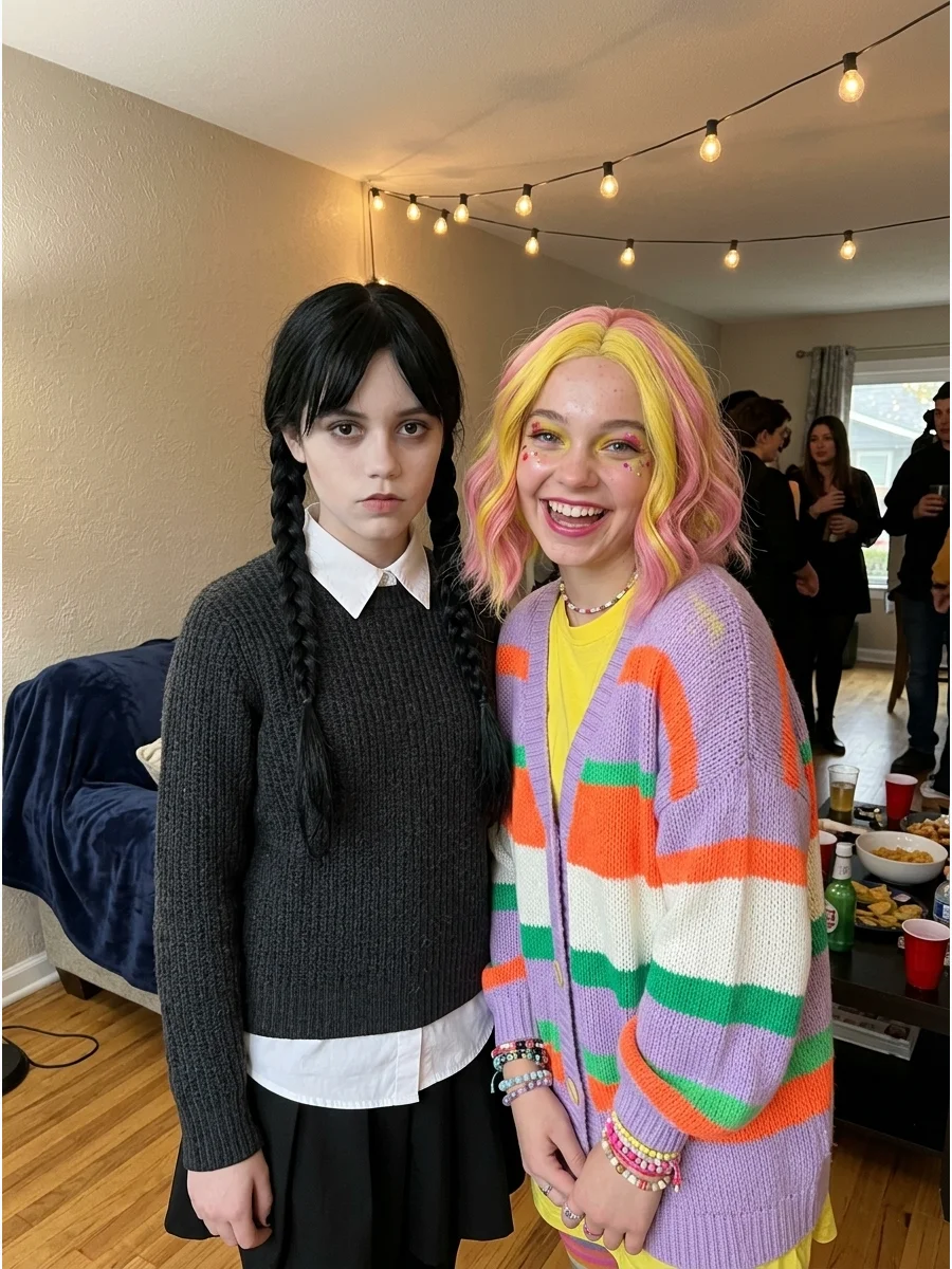 Wednesday and Enid. Combine Wednesday’s black braids and dark school uniform with Enid’s colorful sweaters, bright accessories, and cheerful makeup. This costume works especially w