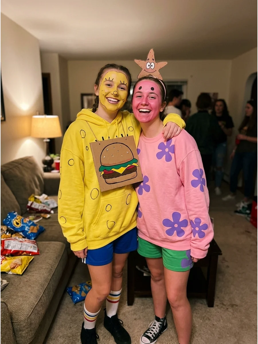 SpongeBob and Patrick. Wear yellow and pink outfits inspired by the two characters, then add simple face details and recognizable accessories. The costumes can be created with dres