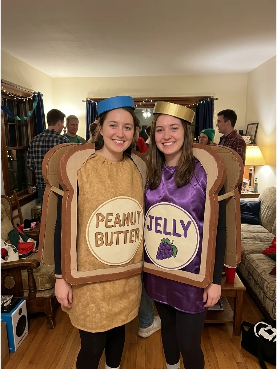 Peanut Butter and Jelly. Wear tan and purple or red outfits with large peanut butter and jelly labels attached to the front. Bread-shaped cardboard frames can make the two costumes