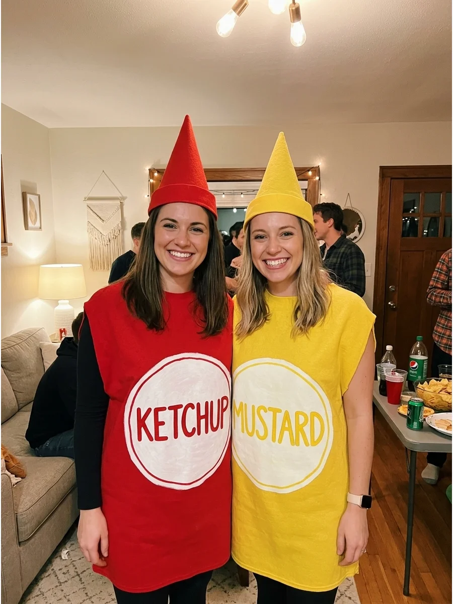 Ketchup and Mustard. Dress in matching red and yellow outfits with condiment labels, cone-shaped hats, or bottle-inspired tunics. This simple costume is colorful, inexpensive, and