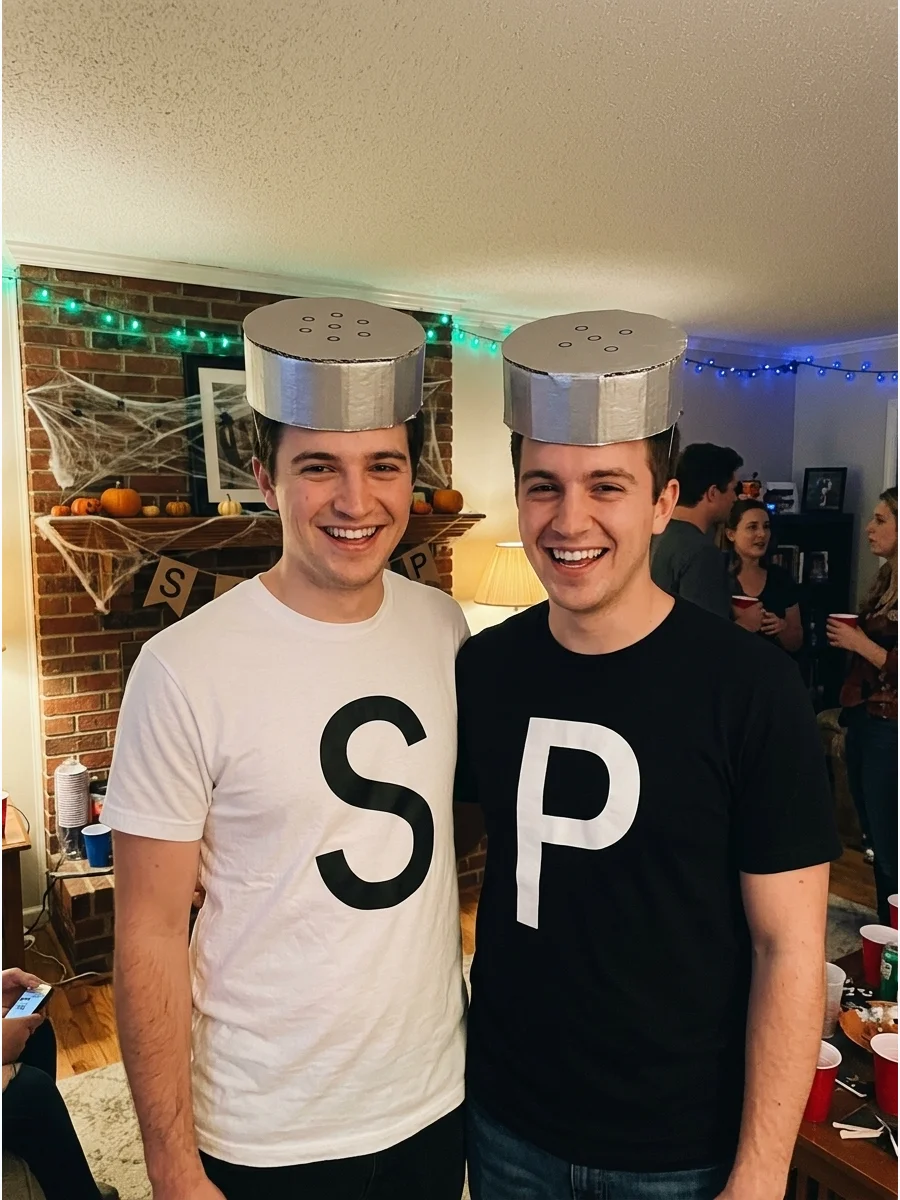Salt and Pepper. Wear matching black-and-white clothing with large “S” and “P” labels. Add silver hats with small circles on top to imitate classic salt and pepper shakers. Matchin