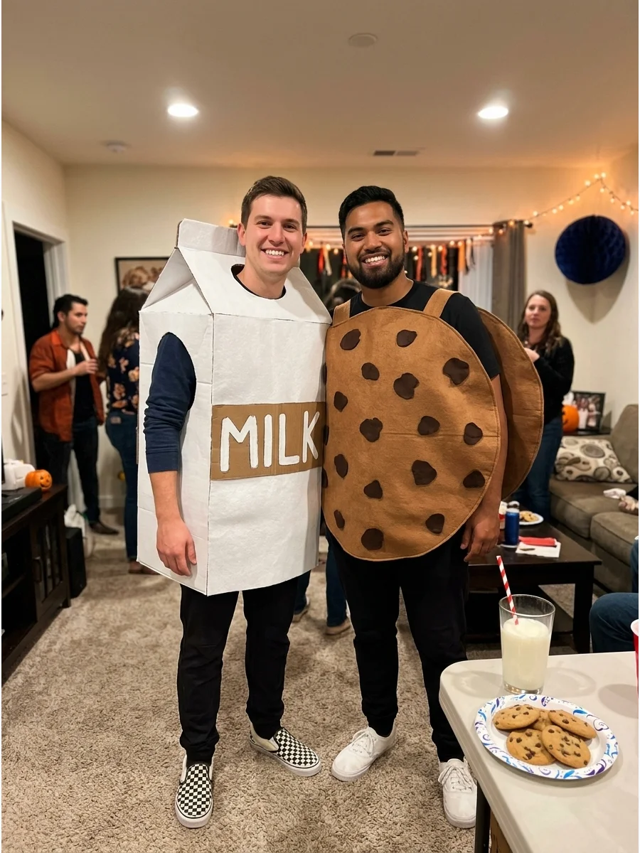 Milk and Cookies. One friend can wear a white milk-carton costume while the other wears a brown cookie outfit covered in dark chocolate-chip shapes. This sweet costume is easy to c