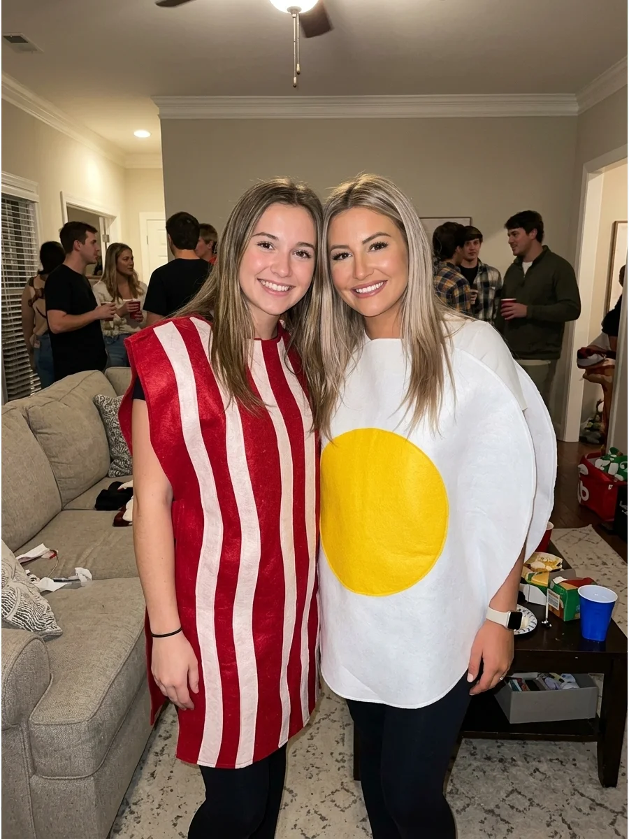 Bacon and Eggs. Create a bacon costume with red and white stripes and an egg costume with a white base and yellow center. These outfits are funny individually but look much better