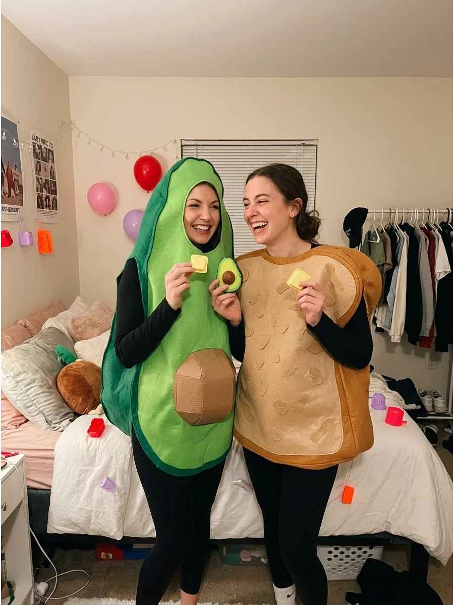 Avocado and Toast. One friend can wear a green avocado costume with a brown pit while the other creates a tan toast-shaped outfit. Add felt details or cardboard frames for a simple